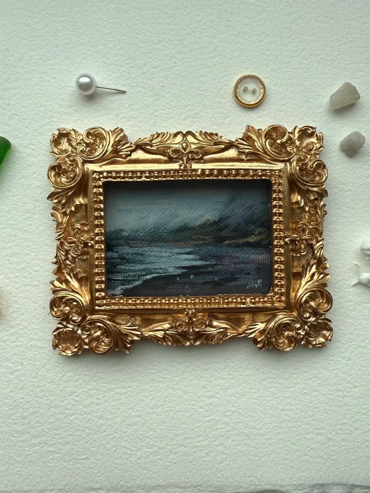 Ocean Landscape Painting Original In Vintage Style Frame Small Framed Museum Style Painting Art Renaissance Antique Seascape Painting Foggy Coast