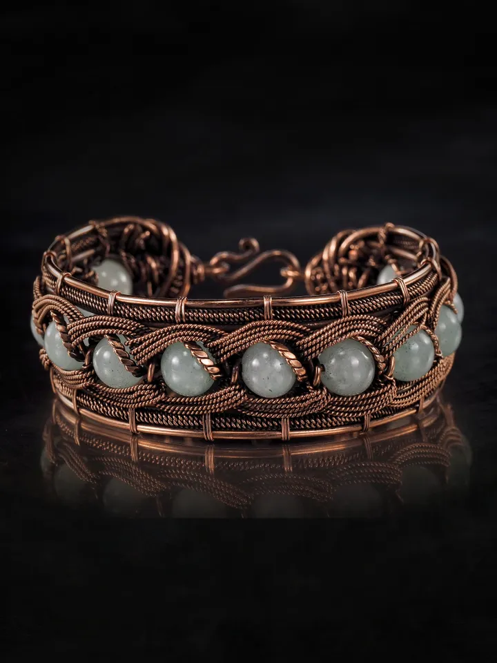 Copper wire wrapped chalcedony bracelet Unique woven copper wire bangle