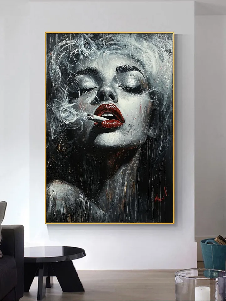 Smoking Woman Painting, Black and White Wall Art, Red Lips Art, Sensual Woman Portrait, Canvas Art, Large Wall Decor, Original Oil Painting
