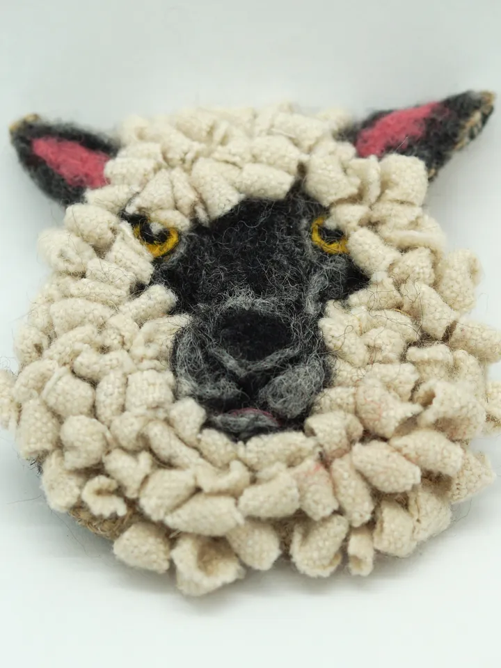 Sheep brooch, textile brooch, needle felted sheep, rug hooking brooch, ready to ship
