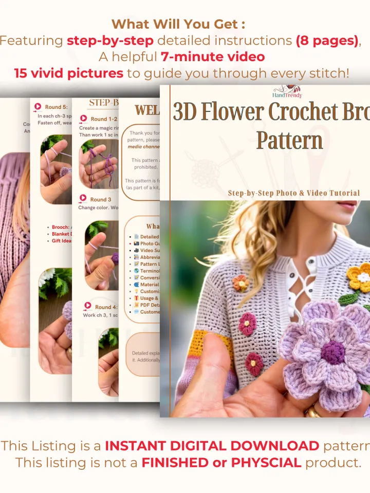 3D Flower Crochet Brooch Pattern  - Easy Crochet Flower Motif Pattern For Baby Blanket - Beginner Friendly Step by Step Instructions