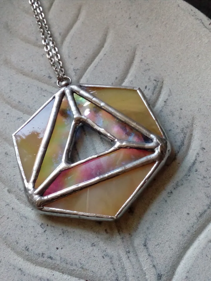 Iridescent stained glass, geometric pendant, Hexagon dichroic necklace, Stained glass cute necklace, Sacred geometry