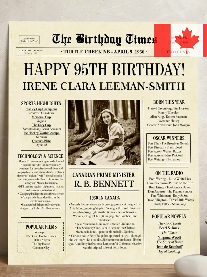 1930 birthday newspaper 95th printable poster canada 95th birthday gift for grandma 95th birthday party decorations canadian fun facts