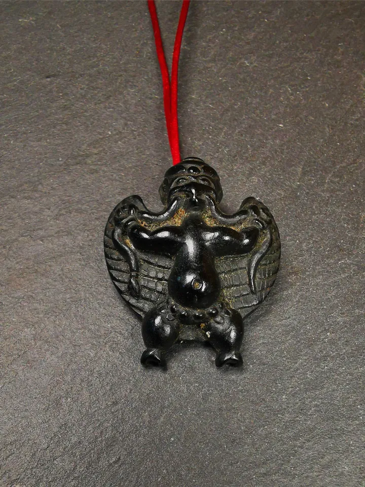 Gandhanra Hand Carved Obsidian Tibetan Amulet Garuda,Garula,Suparna,Golden-wings Bird Pendant, 1.65&quot;