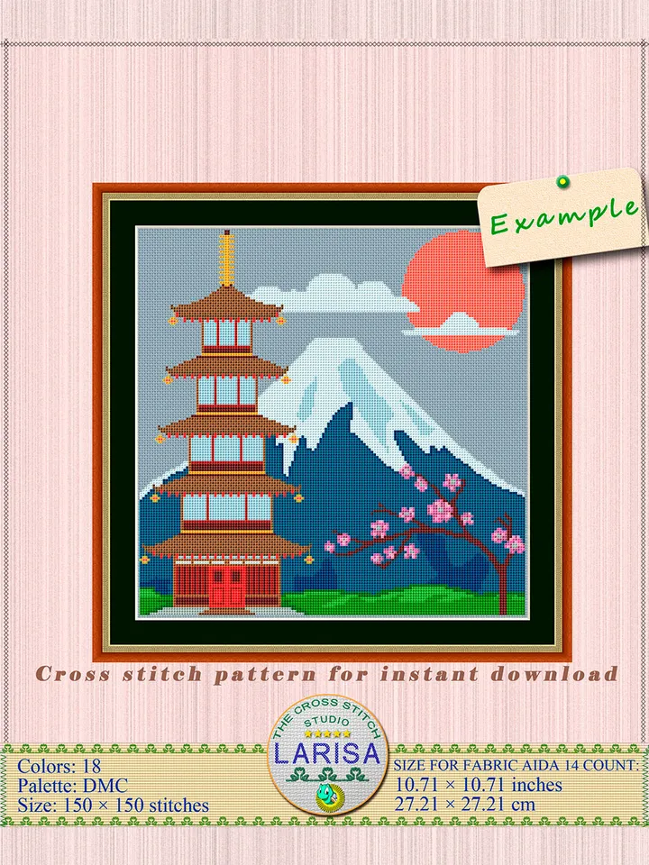 Pagoda Cross Stitch Pattern | Mount Fuji