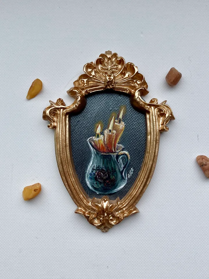 Candle Oil Painting Original In Vintage Style Frame Small Framed Still Life Art