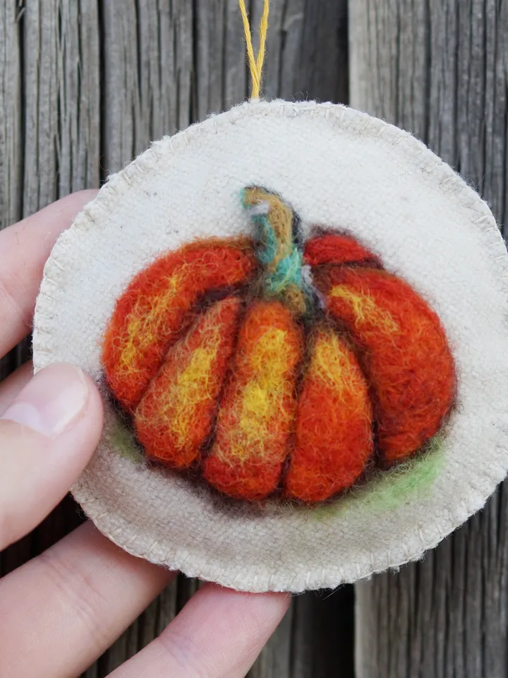 Needle felted pumpkin ornament, wool ornament, orange pumpkin, fall decor, ready to ship from the USA