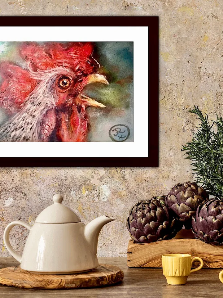 Red rooster original soft pastel painting on cardboard,funny animals pastel art,small painting gift,kitchen wall decoration.