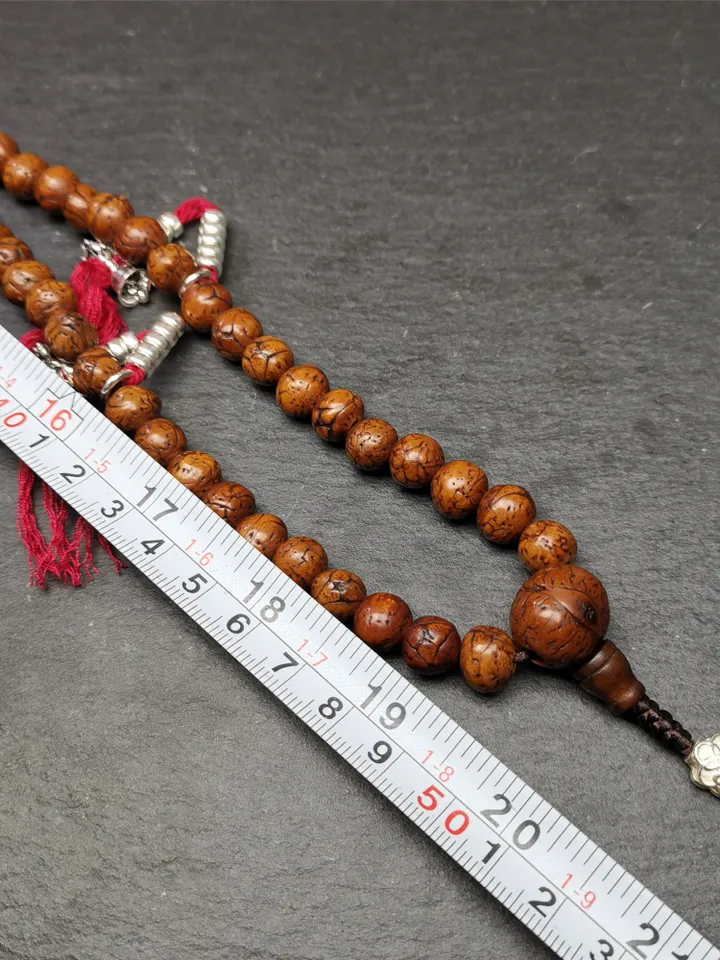 Gandhanra Old Tibetan Mala,Authentic 10mm 108 Dragon Eyes Bodhi Prayer Beads,with Dzi Spacer Beads,Silver Counters,40 Inches Length
