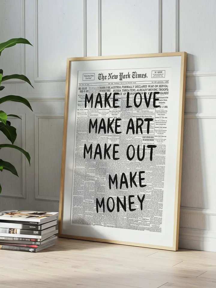 Make Love Make Art Make Out Make Money Typography Print, Trendy Newspaper Print, Digital Download Art, Retro Aesthetic Print, Vintage Poster