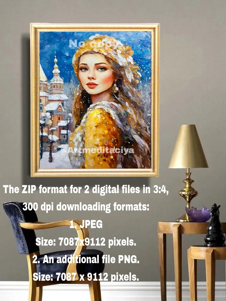 Digital abstract texture painting "Russian Winter", a blue-eyed blonde in a white and yellow winter outfit on an abstract winter background of an ancient Novgorod landscape, made in the ethnic style of oil painting with a palette knife