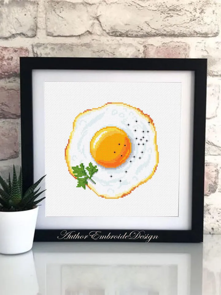 Fried egg cross stitch pattern PDF instant download Food cross stitch chart for beginners, Small egg pattern digital PDF, Kitchen decor #F21