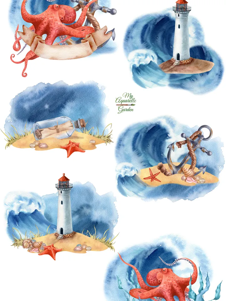 Nautical hand-painted (not AI) watercolor clipart. Lighthouse, octopus, seastar, anchor, ocean. Wall art, nursery decor. Individual PNG files. Instant download