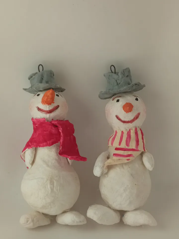 A couple of cool snowmen in hats. Handmade. Decorating the Christmas tree and New Year's decor house indoor Free shipping
