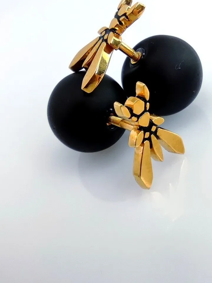 Golden Bee Stud Earrings with Obsidian