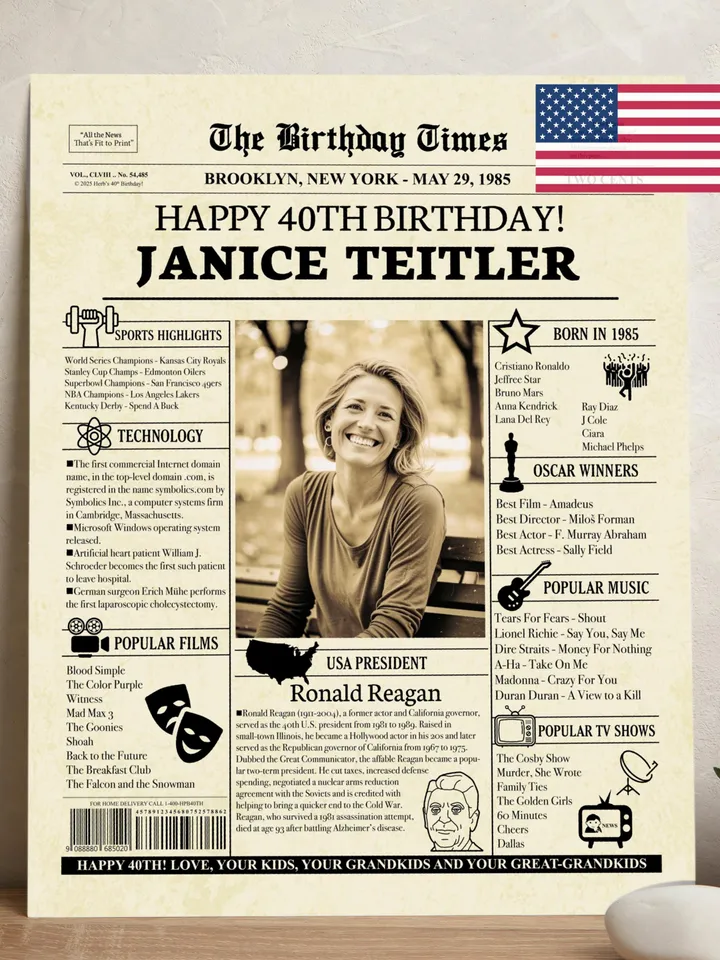 40th Birthday Newspaper Poster for Her or Him – Born in 1985 Sign, Back in 1985 Printable, Vintage 40th Birthday Decorations