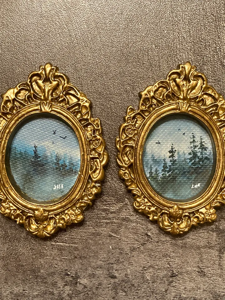 Forest Landscape Oil Painting Set of 2 Original In Vintage Style Frame Small Framed Oval Painting Art