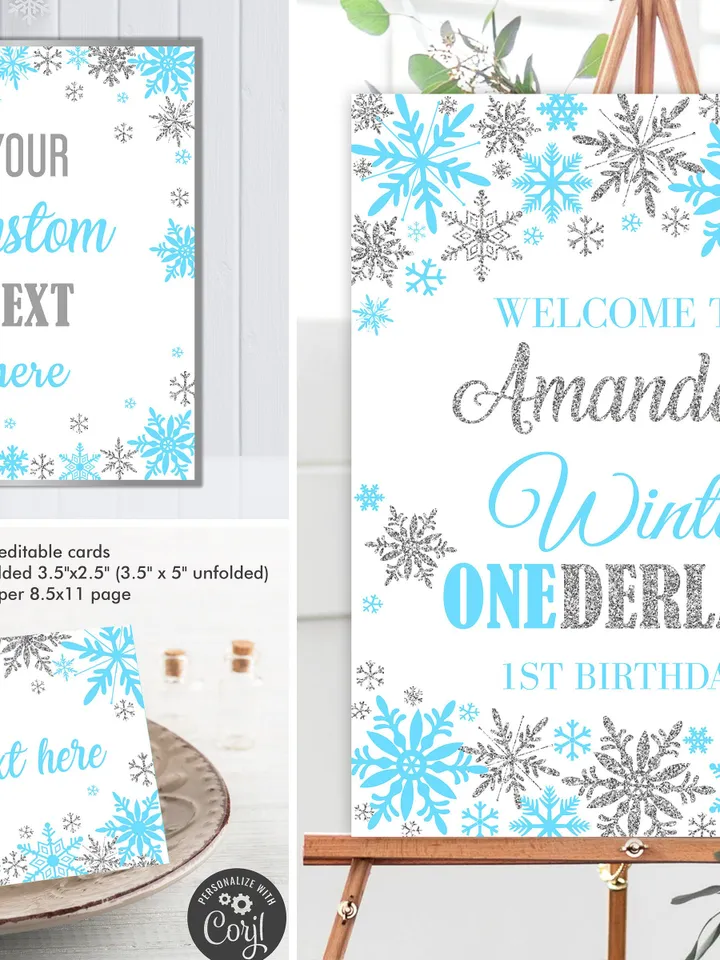 Winter Onederland Birthday Boy Decorations, Winter Onederland Birthday Party Package Bundle, Blue Silver Snowflakes  Editable Template