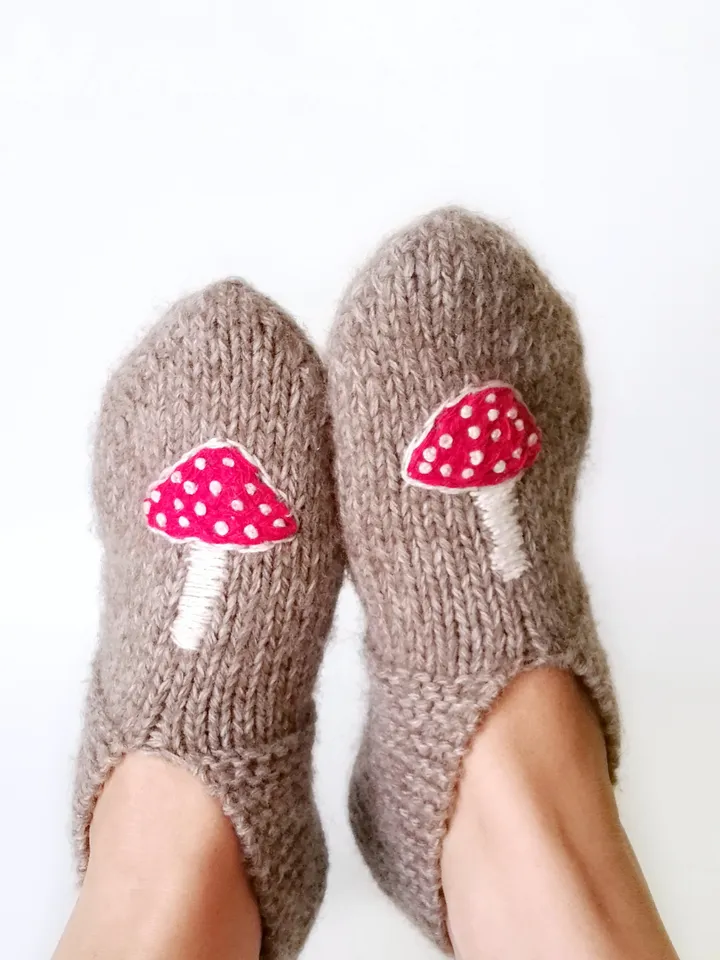 Hand-Knitted Mushroom Embroidered Socks-Slippers for Women, Merino and Alpaca Wool. Cute Warm Indoor Slipper-Socks. FREE SHIPPING!