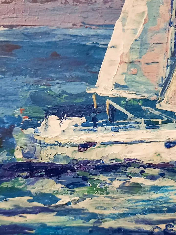 Sunset sky art Original acrylic painting Boat painting Seascape Sailing painting