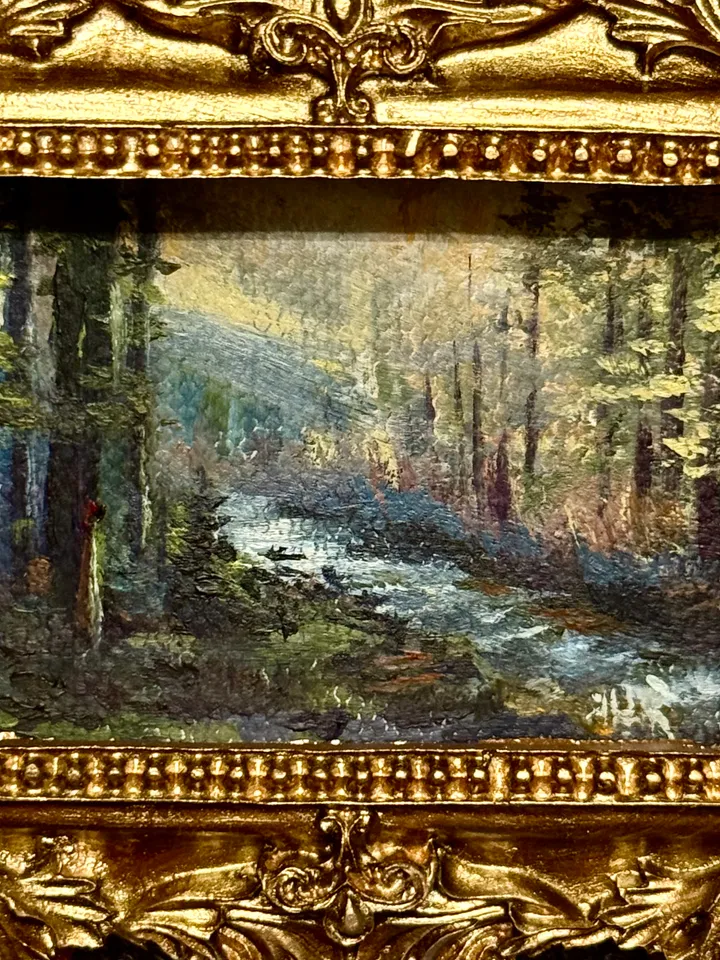 Small Landscape Painting Framed Original Enchanted Forest Painting Antique Misty Art Coastal Gold Frame Tiny Paintings 3 x 4 Art Dark Cottagecore artwork