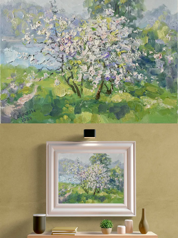 Blooming Apple Painting Trees Original Art Landscape Spring