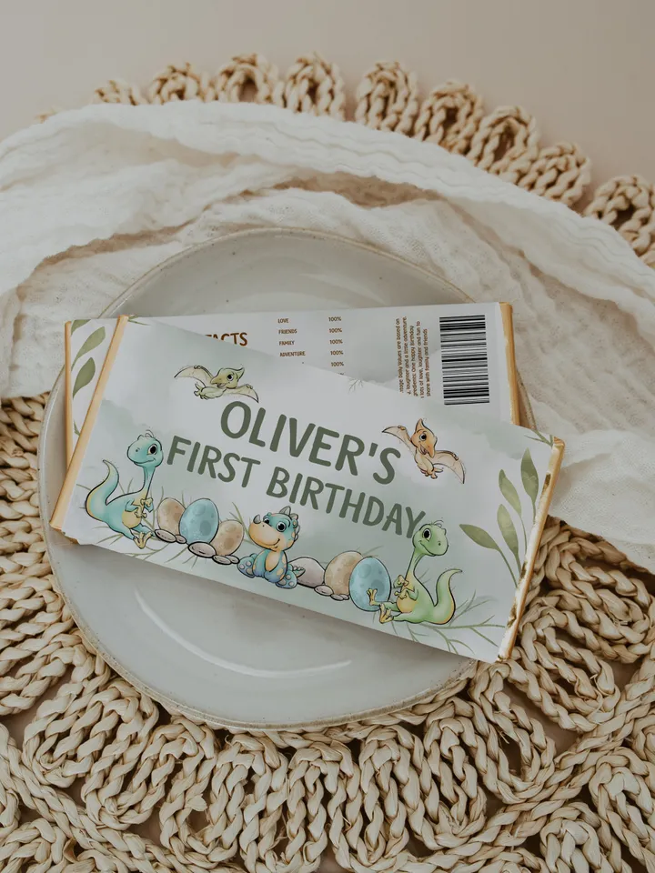 Editable Chocolate Wrapp Dinosaur First Birthday Label; Dinosaur Party; Dinosaur T-rex Party Birthday Template Instant Download; di1