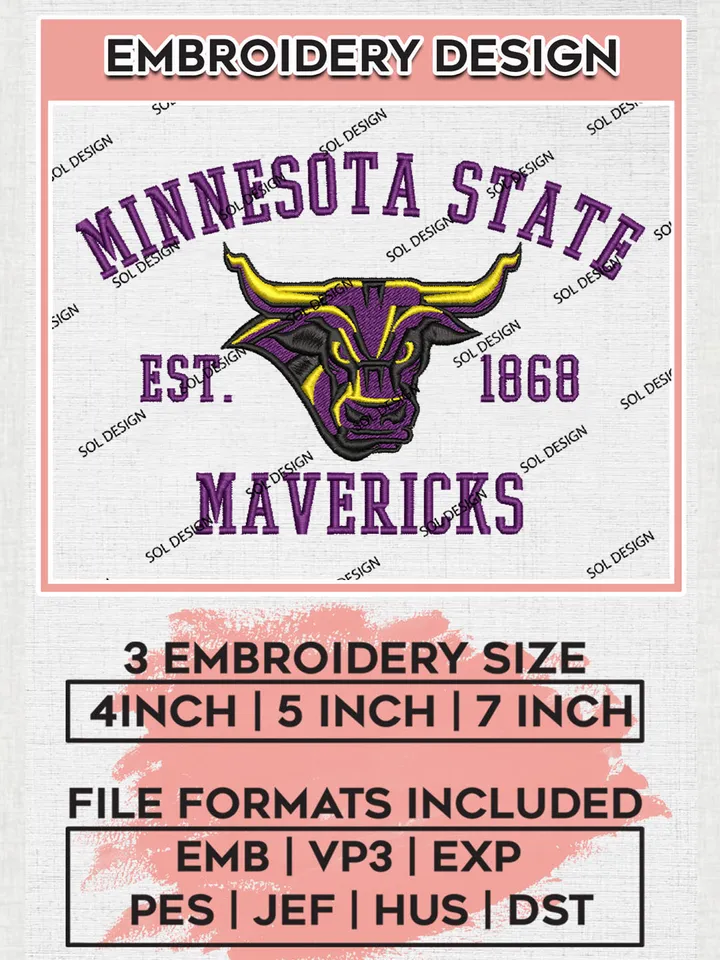NCAA Minnesota State Mavericks Team Est 1868 Logo Embroidery Design Files, NCAA Minnesota State Mavericks Machine Embroidery, NCAA Teams, 3 sizes, NCAA Machine embroidery designs, Digital Download