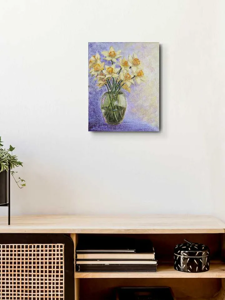 Painting with daffodils, Daffodils in a vase painting, Acrylic painting, Painting with flowers, Flowers painting, Daffodils art.