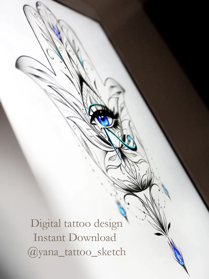 Eye Of Horus Tattoo Design Hamsa Hand With Eye Of Horus Tattoo Stencil Idea Sketch, Instant download PDF, JPG