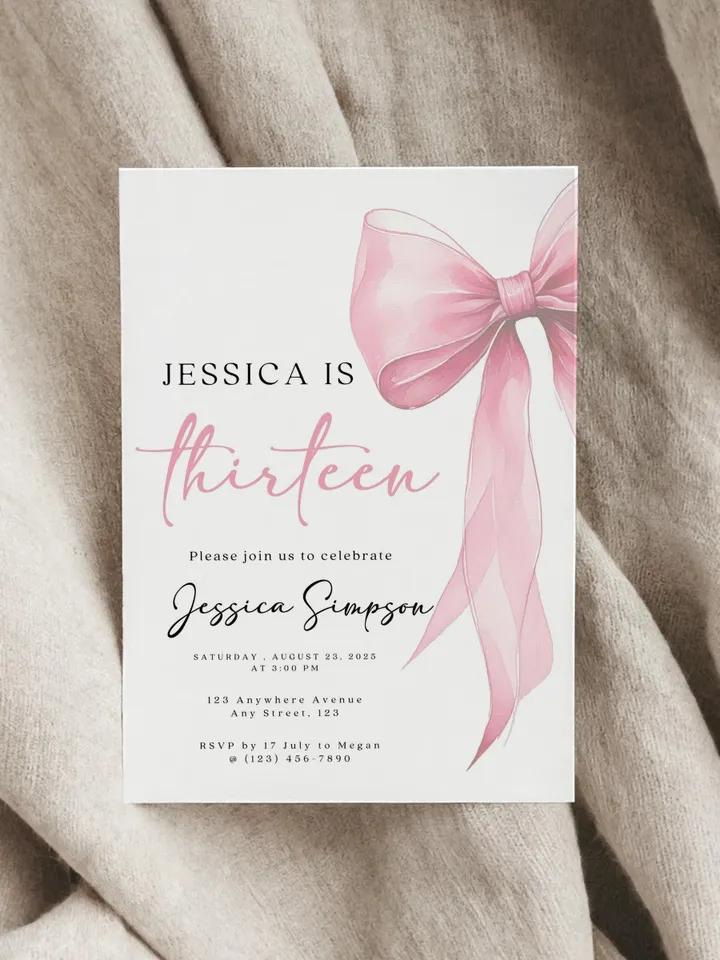Tween Pink Bow 13th Birthday, Coquette 13th Birthday Invitation, Canva Pink Template, Editable Digital Invite, Trendy Girl Birthday Party