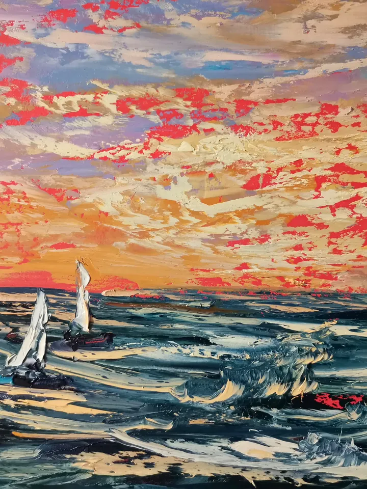 Sailboat Surfing Sea Sunset Seagulls Original Art Oil Painting Artist Svinar Oksana