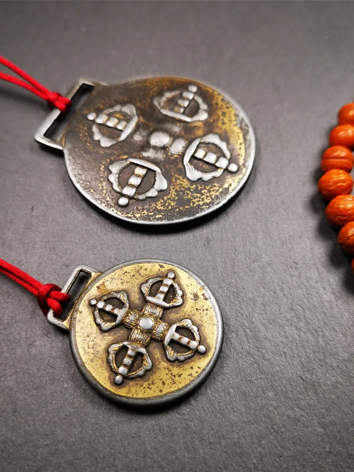 Gandhanra Vintage Tibetan Buddhist Amulet,Melong Mirror, SIPAHO(srid pa ho),Jiugong Bagua Badge,made of Copper,Couple Set of 2 Badges