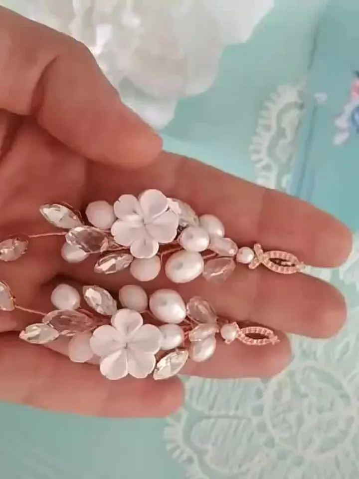Rose Gold Porcelain Flowers Bridal Earrings, Freshwater Pearl Chandelier Statement Earrings, Swarovski Crystal Bride Jewelry, CZ Jewellery