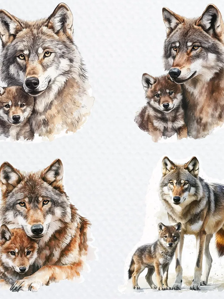 14 Wolf And Baby Wolf PNG Bundle, Little Wolf CubPrintable Watercolor clipart for sublimation, High Quality PNGs, crafting, junk journal