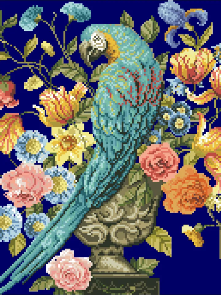 Antique Cross Stitch Pattern Parrot with Flowers Counted Digital Download PDF