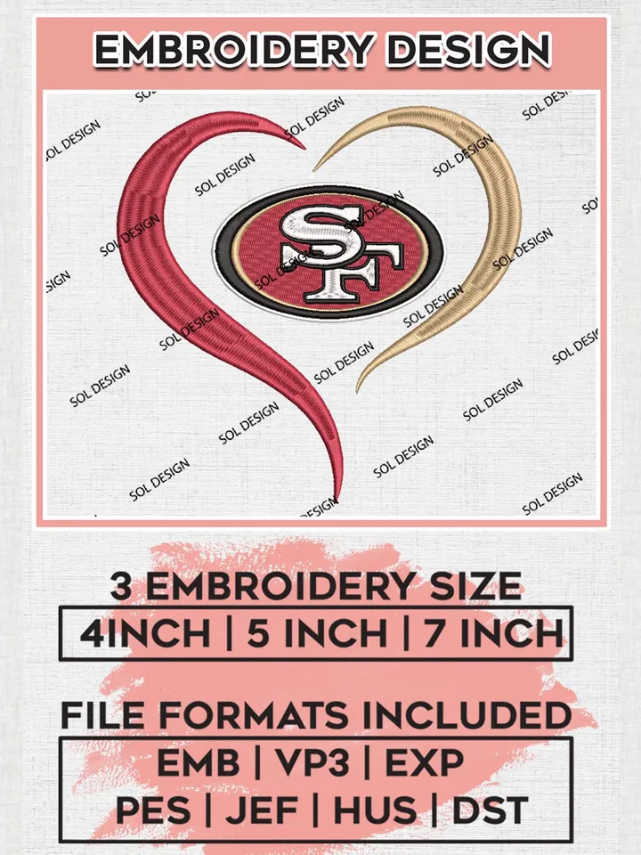 San Francisco 49ers Heart Embroidery Designs, NFL 49ers Embroidery Designs, NFL Embroidery Designs, NFL San Francisco 49ers Machine Embroidery Design, Digital Download