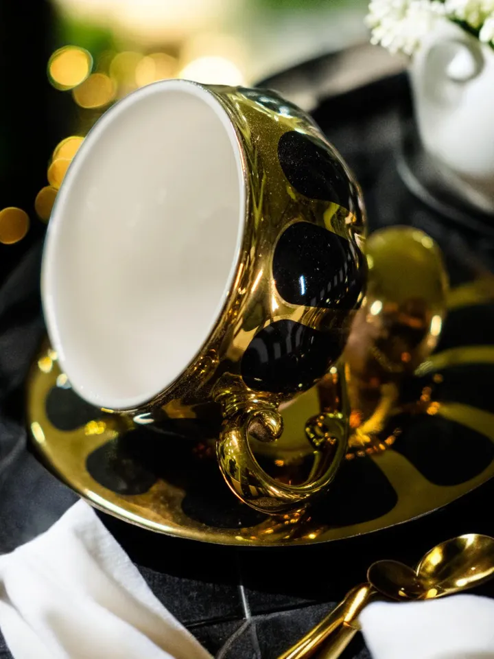 Black And Gold Colour Porcelain Tea Cups and Saucers | Tea Cups Saucers Set | Porcelain Set | Elegant Teaware | Gift For Tea Lovers