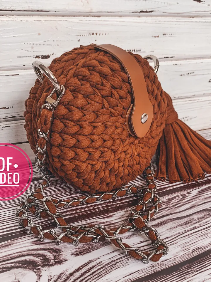 Crochet pattern round bag with t-shirt yarn, PDF digital instant download, video tutorial