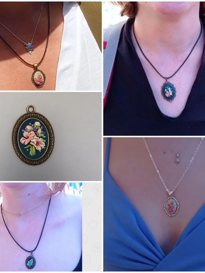 Ribbon embroidered pendant for her, blue jewelry embroidery