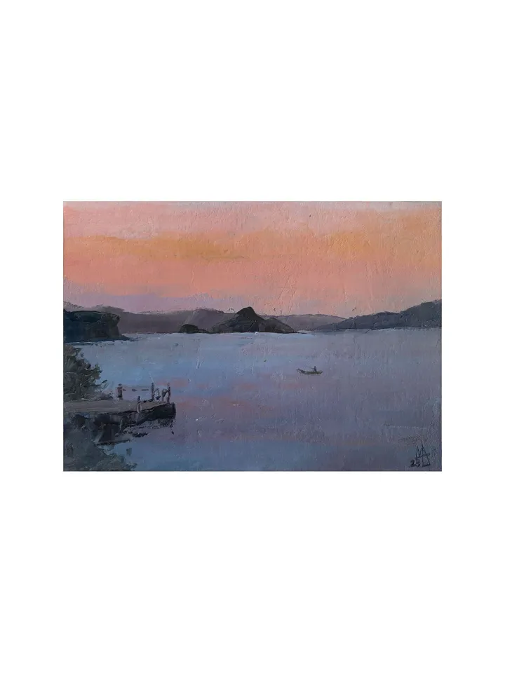 Calm Peach Sunset Painting 5x7" ORIGINAL ART Impressionist Small Sea artwork Signed by artist Marina Chuchko