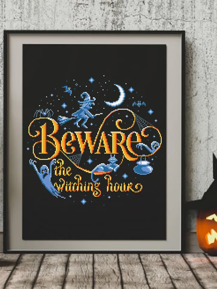 Halloween quotes cross stitch pattern download PDF, Witch cross stitch chart, Beware the witching hour, Halloween pattern digital PDF #H38