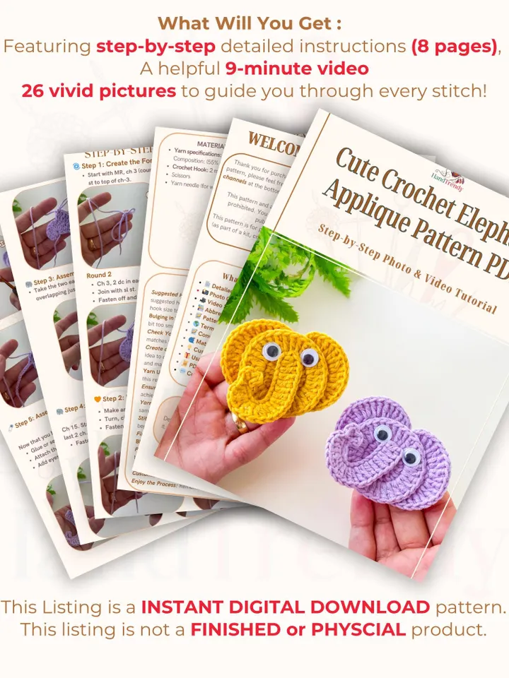 Cute Crochet Elephant Applique Pattern PDF, DIY Animal Motif, Amigurumi Elephant Patch, Handmade Decoration, Instant Download