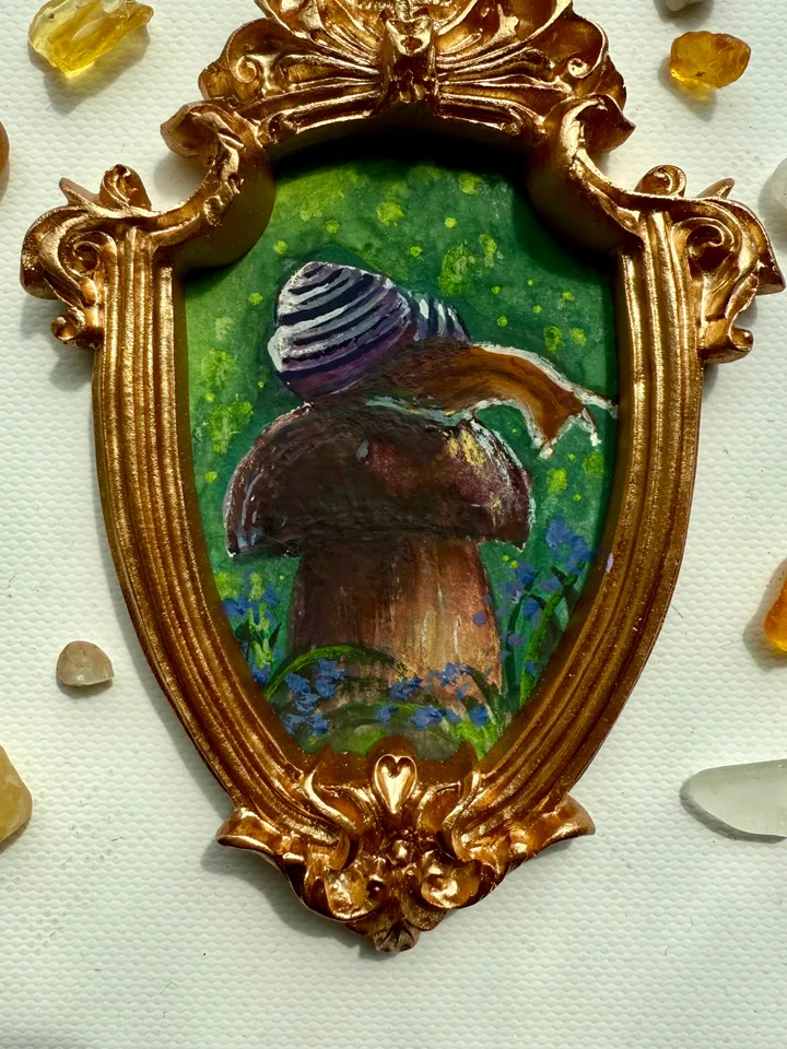 Snail Painting Original In Vintage Style Frame Small Framed Gobllincore Painting Art Slug Art Snail On Mushroom Portrait
