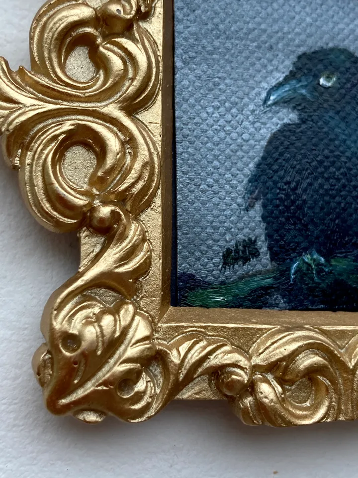 Framed Raven Painting Small Original Witch’s Friend Artwork Crow Art Tiny Oil Painting Bird