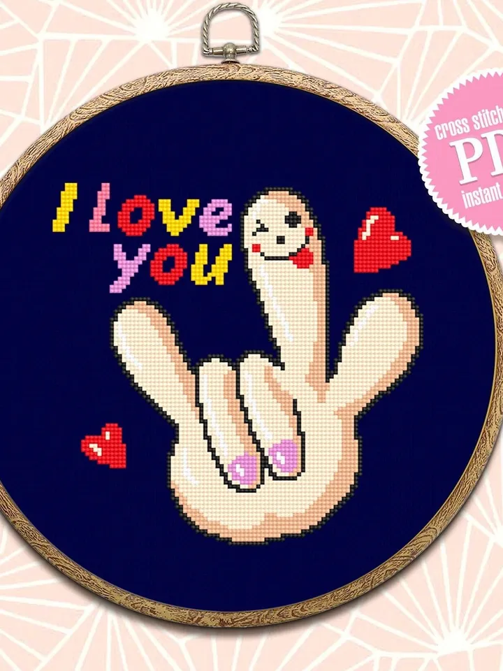 I love you cross stitch pattern download PDF, Valentines day cross stitch chart, Funny small embroidery beginner, Kawaii cross stitch #V9
