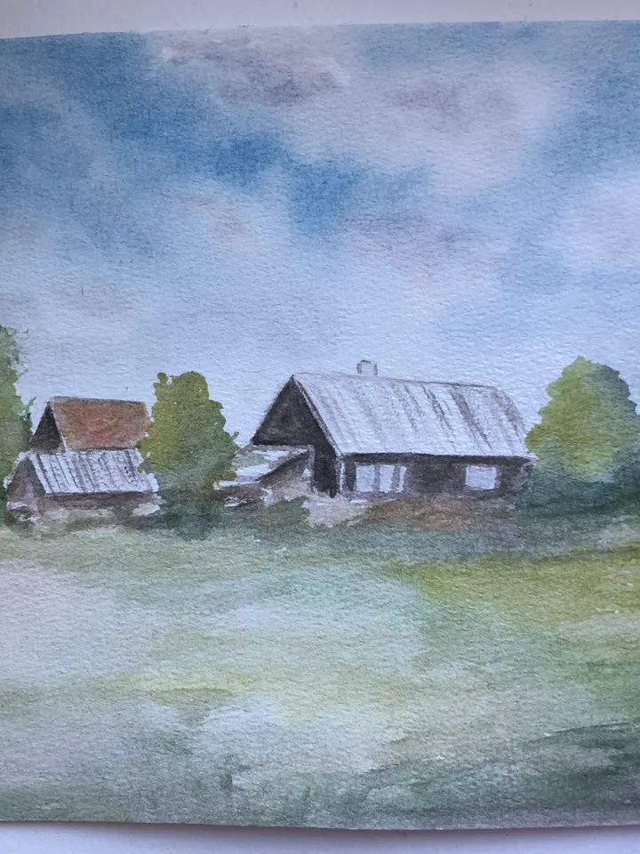 Summer village beautiful landscape modern wall art hand painted original watercolour painting