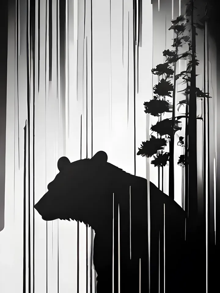 Digital product, Bear image, Bear print, Bear print, Wildlife, Contrast print, Black and white silhouette, Monochrome print, Symbolic painting, Bear poster.