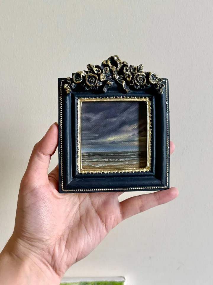 Small Landscape Oil Painting Framed Original Dark Clouds Antique Ocean Art Coastal Antique Frame Tiny Paintings 4 x 4 Art Victorian artwork