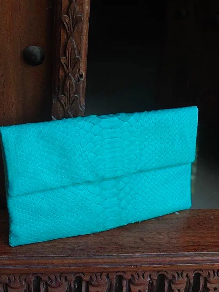 Genuine python skin turquise clutch handmade, classy elegant leather clutch, bag free shipping, clutch leather blue, small clutch snakeskin